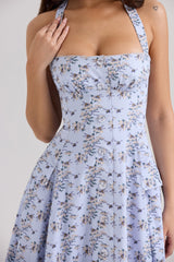 Claudia Blue Floral Print Stretch Cotton Halter Neck Midi Dress