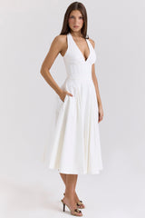 Allena White Stretch Cotton Halter Midi Sundress