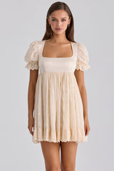 Bambi Ivory Satin + Broderie Anglaise Lace Regency Babydoll Mini Dress