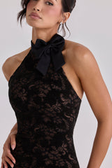 Natalya Black Lace High Neck Mini Dress With Detachable Bow