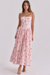 Ysabella Pink Vintage Rose Print Cotton Midi Sundress