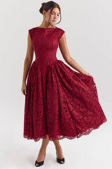 Debutante Berry Lace Backless Midi Dress