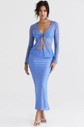 Clara Blue Satin Bias Cut Midi Skirt