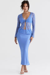 Clara Blue Satin Bias Cut Midi Skirt