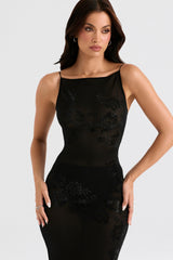 Amirah Black Mesh Crystal Embellished Midi Dress