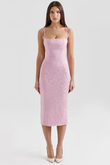 Ophelle Pink Jacquard Lace Up Bodycon Midi Dress