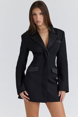 Ellis Black Satin Trimmed Hourglass Blazer Dress