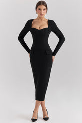 Ella Black Stretch Crepe Long Sleeve Midi Dress