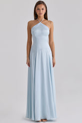 Avelina Blue Satin Halter Neck Godet Maxi Dress