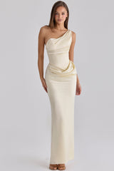 Caprice Lemon One Shoulder Satin Maxi Dress