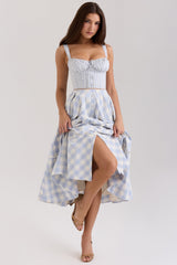 Chiarina Light Blue Gingham Stretch Cotton Midi Dress