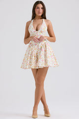 Valentia Ivory Meadow Print Cotton Halter Mini Dress