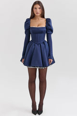 Venetia Midnight Satin Puff Sleeve Mini Dress