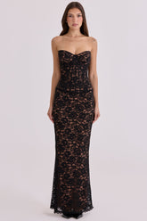 Solaine Black + Blush Lace Corset Maxi Dress