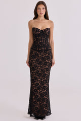 Solaine Black + Blush Lace Corset Maxi Dress