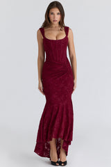 Cesca Wine Floral Lace Corset Maxi Dress