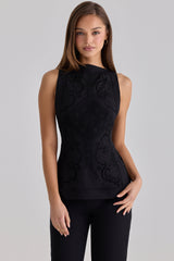 Valencia Black Cotton Placement Lace Broderie Anglaise Boat Neck Top
