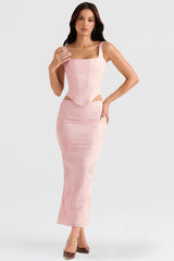 Luisette Pink Metallic Floral Satin Midi Skirt