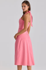 Tallulah Raspberry Cotton Halter Neck Midi Dress