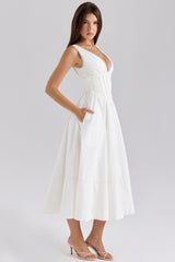 Samia White Stretch Cotton Midi Sundress