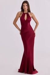 Oliviana Wine Satin Halter Maxi Dress