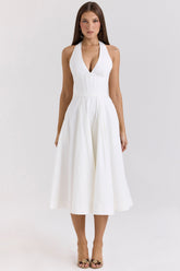 Allena White Stretch Cotton Halter Midi Sundress