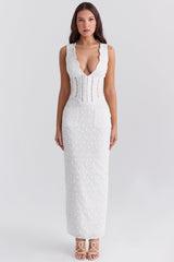 Sophina White Cotton Broderie Anglais Plunge Maxi Dress