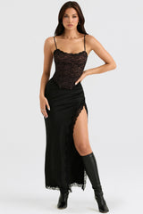 Ruby Black Satin Lace Trim Midi Skirt