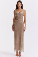 Alondra Cafe Au Lait Beaded Maxi Dress - Limited Edition