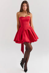 Salome Holly Red Satin Detachable Bow Mini Dress