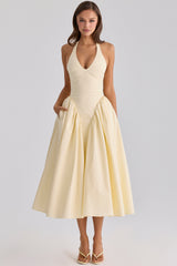 Marilyn Lemon Cotton Halter Neck Midi Sundress