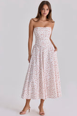 Gina White Rose Print Strapless Cotton Maxi Dress