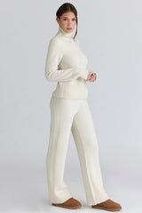 Lara Ivory Merino Wool Ribbed Knit Trousers