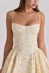 Samaria Lemon Floral Print Cotton Corset Mini Dress