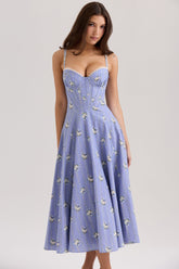 Steffani Blue Daisy Print Stretch Cotton Midi Sundress