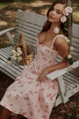 Rosalee Vintage Rose Pink Floral Print Midi Dress