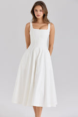 Mariabella White Stretch Cotton Midi Sundress