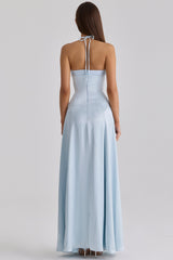 Avelina Blue Satin Halter Neck Godet Maxi Dress
