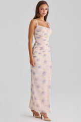 Lini Ivory Sweet Peony Print Stretch Mesh Maxi Dress