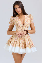 Imani Honeyflower Print Pleated Cotton Mini Dress