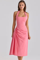 Tallulah Raspberry Cotton Halter Neck Midi Dress