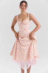 Rosalee Peach Poppy Print Cotton Bustier Sundress