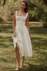 Phoebe White Cotton Broderie Anglaise Trim Midi Dress