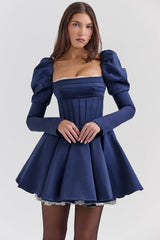 Venetia Midnight Satin Puff Sleeve Mini Dress