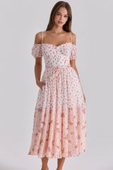 Penelope White Rose Print Georgette Ribbon Midi Dress