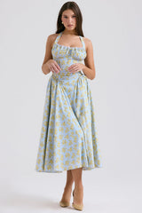Adabella Soft Blue Vintage Floral Print Cotton Halter Sundress