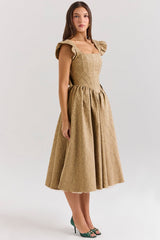 Alessandra Gold Jacquard Midi Dress with Detachable Bow