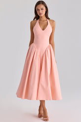 Marilyn Peach Cotton Halter Neck Midi Sundress