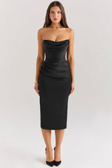 Santana Black Satin Strapless Midi Dress