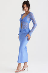 Clara Blue Satin Bias Cut Midi Skirt